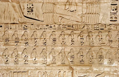 Antiquité égyptienne : détail des reliefs du premier pylône représentant les emblèmes des villes conquises par le pharaon Ramsès III. Temple funéraire de Ramsès III (1187-1156 av. J.-C.). Louxor, Medinet Habou, Égypte