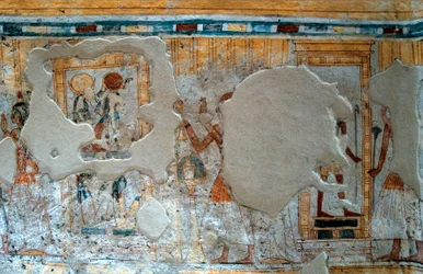 Antiquité égyptienne: représentation de Shuroy et sa femme adorant le dieu Thot et la déesse Ra. Peinture de la tombe de Shuroy