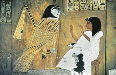 Peinture murale de scène du Livre des Morts, transformation en Faucon d