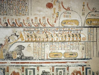 Procession suivant la navigation céleste du dieu Soleil Râ, Livre de la Terre, détail des fresques de la chambre funéraire de la tombe de Ramsès VI, Vallée des Rois, Louxor, Thèbes (liste du patrimoine mondial de l