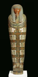 Cartonnage de momie de Nespanetjerepenere, possiblement de Thèbes, Troisième Période Intermédiaire (lin ou papyrus peint mélangé avec du plâtre)