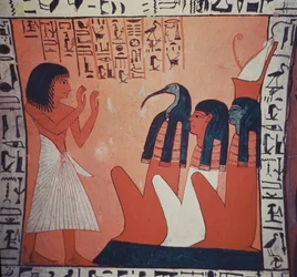 Peinture de tombeau représentant le défunt devant Osiris, Isis et Thot