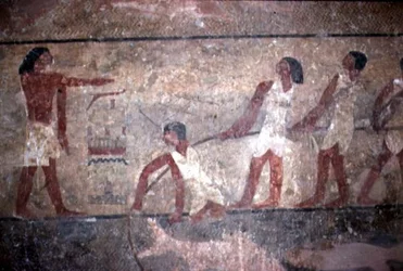 Peinture de pêcheurs tirant des filets dans la tombe de Khnumhotep II, Ancien Empire, 2600-1500 av. J.-C.