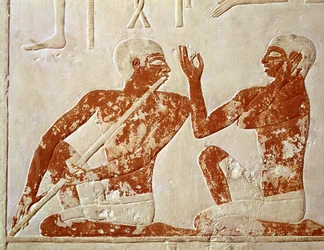 Relief peint représentant un joueur de flûte et un chanteur à un banquet funéraire, de la tombe de Nenkhefetka, Saqqarah, Ancien Empire, vers 2400 av. J.-C.