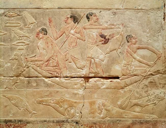 Relief représentant des hommes dans un bateau, de la tombe de la princesse Idut, Ancien Empire, vers 2330 av. J.-C.
