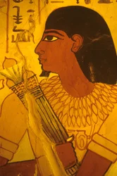 Égypte ancienne, tombeau de Sennoufer, peinture murale, fresque, Sennoufer recevant des boutons de lotus, maire de Thèbes, surveillant sous Amenophis II