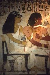 Égypte ancienne, peinture murale, tombe de Sennufer, Thèbes, Sennufer et sa sœur Merit tiennent des fleurs de lotus, Sennufer, maire de Thèbes et surveillant sous le pharaon Amenophis II