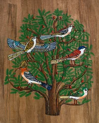 Art égyptien, papyrus égyptien : oiseaux sur un arbre, collection, partie