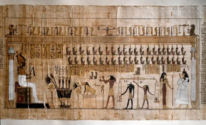Antiquité égyptienne : la pesée des âmes (psychostasie). Papyrus d