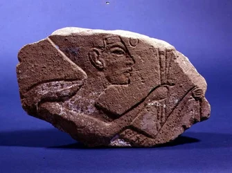 Tête en relief de Néfertiti, de la tombe Abadaya B86 (pierre)