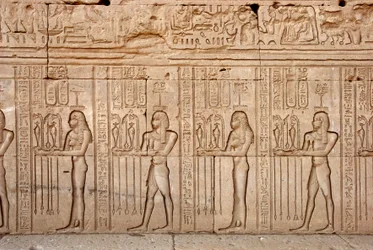 Antiquité égyptienne : offrandes et tributs présentés à la déesse, Temple de Hathor, Denderah, Égypte