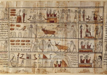 Antiquités égyptiennes : les Champs Élysées. Peinture sur papyrus du Livre des Morts. Période ptolémaïque. Musée égyptien de Turin