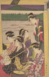 Un groupe de geishas dans un Suzumi-bune, c