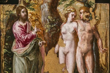 Autel portatif verso : Adam et Ève face au Père Éternel (détail)