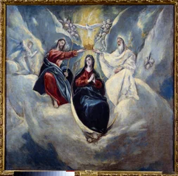 Le Couronnement de la Vierge, peinture de Domenikos Theotokopoulos, dit El Greco (1541-1614), 1595, dimensions : 0,99 x 1,01 m, Madrid, musée du Prado