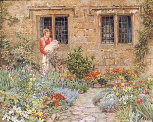 Mère et enfant dans un jardin fleuri