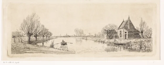 Paysage fluvial avec maison en bois