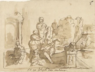 Allégorie avec des figures musiciennes dans un jardin