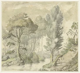 Paysage forestier avec colline à droite et eau au centre