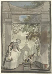Servante avec garçon faisant tomber un enfant d