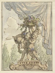 Trois putti avec un panier de fleurs