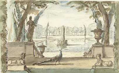 Vue dans un jardin avec un étang, une fontaine et un paon