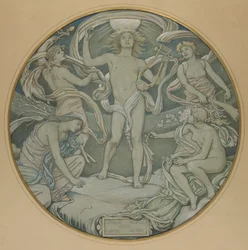 Cartoon pour le cercle central du plafond de Huntington : Apollon et ses assistants