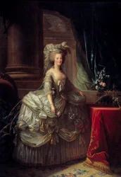Portrait de la reine Marie-Antoinette (1755 - 1793). Peinture de Marie Elisabeth Louise Vigée Le Brun (ou Vigée-Lebrun ou Vigée Lebrun) (1755-1842). 19ème siècle. Huile sur toile. Dim: 2,76 x 1,93m. - Portrait en pied de la reine Marie-Antoinette (1755-179