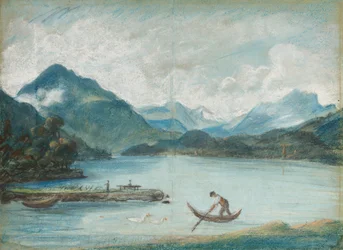 Vue du lac Léman avec un homme ramant une petite barque et deux cygnes