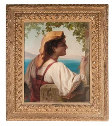Une jeune fille italienne réparant des filets sur la baie de Naples, 1872