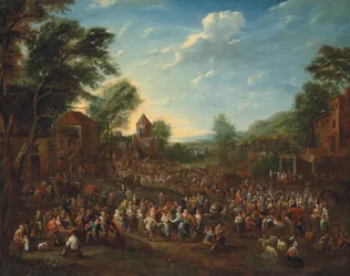 Une kermesse de village avec des fêtards qui dansent et font la fête