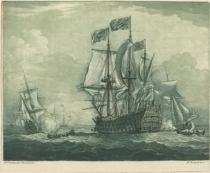 Scène de navigation avec un vaisseau de guerre, années 1720