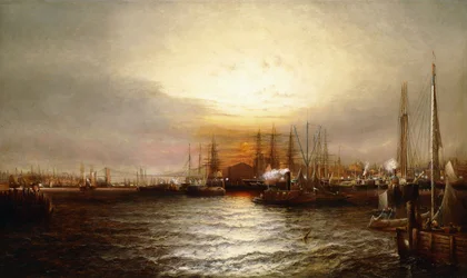 Lever de soleil depuis Chapman Dock et Old Brooklyn Navy Yard, East River, New York