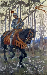 Un chevalier en armure traverse la forêt, illustration tirée de "King Arthur