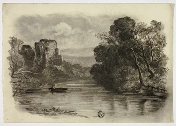 Rivière avec ruine de château et bateau II
