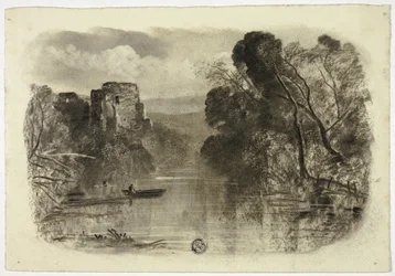 Rivière avec ruine de château et bateau I