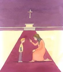 Une personne charitable enseigne aux enfants comment se comporter dans la maison de Dieu et comment prier ; elle les aide ainsi à trouver la paix intérieure en présence de leur Sauveur, 2005 (aquarelle sur papier)