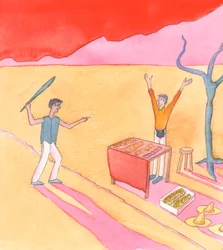 Une personne agit totalement contre Dieu et ses lois si elle menace ou inflige la mort dans le cadre de ses activités criminelles, à des fins de gain, de fraude, de punition ou de marchandage, ou pour toute autre raison, 2005 (aquarelle sur papier)