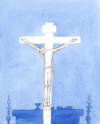 Après la Consécration, nous pouvons être certains que le Christ est présent parmi nous : Le Christ qui est mort sur la Croix, priant pour les pécheurs, et qui est présent maintenant, priant pour nous en notre temps, et offrant le même sacrifice, 2005 (aqua