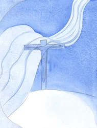 Alors que le Christ verse son Sang dans une Nouvelle Alliance, un grand vent malveillant balaie la Croix, menaçant et détruisant