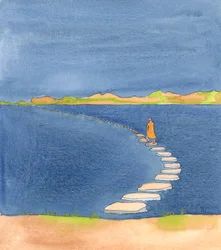 Comme nous espérons finir notre vie avec Jésus pour toujours, le voyage chrétien est comme une promenade à travers la mer de Galilée sur un chemin parsemé de tremplins : tout à fait sûr tant que personne ne trébuche, 2005 (aquarelle sur papier)