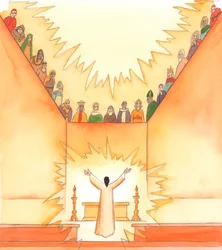 À la messe, alors que le Christ prie le Père, les saints regardent depuis le ciel et partagent nos prières, 2005 (aquarelle sur papier)