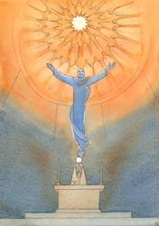 À chaque messe, le Christ intercède pour nous auprès du Père invisible, sous le regard émerveillé et reconnaissant de tous les saints, 2005 (aquarelle sur papier)