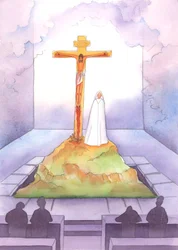 À chaque messe, nous sommes présents au sacrifice offert une fois sur le Calvaire, lorsque le Christ a souffert et est mort pour nous, tandis que sa mère se tenait à ses côtés, 2005 (aquarelle sur papier).