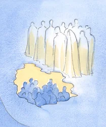 Le Christ et ses saints au ciel regardent avec une grande tendresse ses amis sur terre qui méditent sur sa Passion