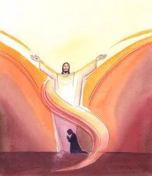 Le Christ est vraiment présent dans le tabernacle, priant constamment pour nous, les bras étendus en prière vers le Père au-dessus, que le Christ voit demeurer dans la gloire que nous ne pouvons pas encore voir