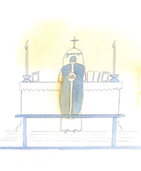 Le Christ se réjouit de la célébration de la forme extraordinaire de la messe, qui nous permet de vivre des aspects de la liturgie qui sont à la fois admirables et appropriés, 2005 (aquarelle sur papier)