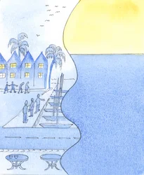 Dans une ville côtière, nous pouvons contempler les rues animées et le port, ou nous tourner pour admirer le ciel et la mer calme