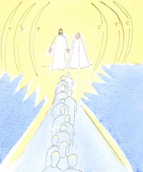 Jésus crucifié attend à la porte du ciel, avec sa mère Marie et les saints anges