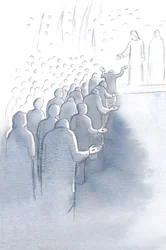 Jésus crucifié attend à la porte du Ciel, avec Sa mère Marie et les saints anges